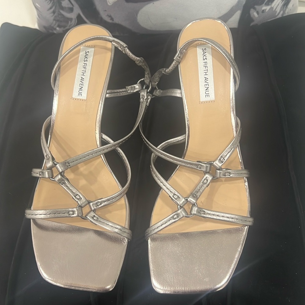 Saks Fifth Avenue sandals. Pewter silver, worn once in nearly new condition.